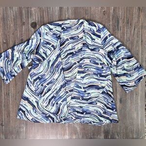 JM Collection Blue and White Open Front Blouse with Mandarin Collar